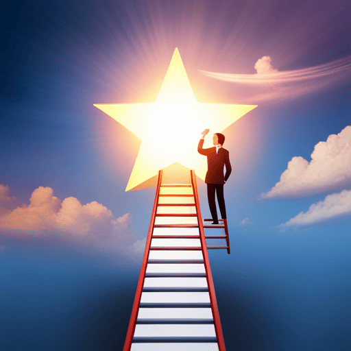 An image showcasing a person in a professional attire, confidently climbing a ladder towards a shining golden star, surrounded by symbols of growth and achievement, representing the powerful influence of Numerology Number 25 on career and success
