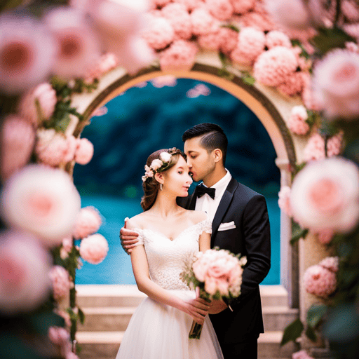 An image featuring a couple standing under a beautifully decorated archway adorned with 10 delicate roses