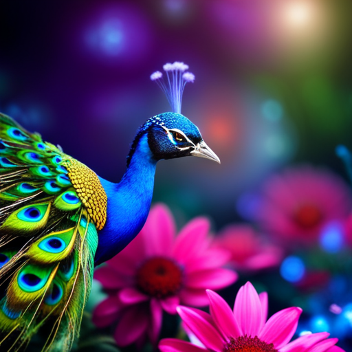 An image showcasing a mystical garden, adorned with vibrant flowers and trees, where a majestic peacock with seventeen resplendent feathers gracefully struts amidst a backdrop of swirling cosmic patterns