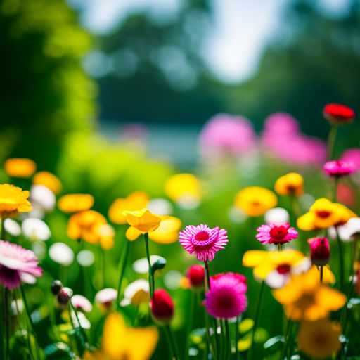 An image showcasing a serene garden, with 17 vibrant flowers blooming amidst the lush greenery