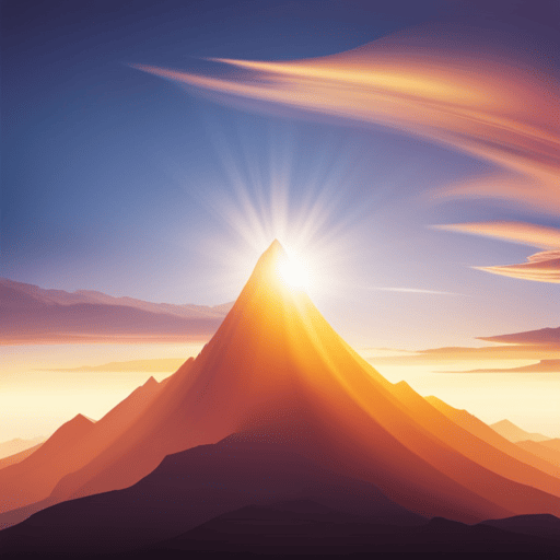 An image showcasing a serene mountain landscape, where an ethereal golden light emanates from the peak