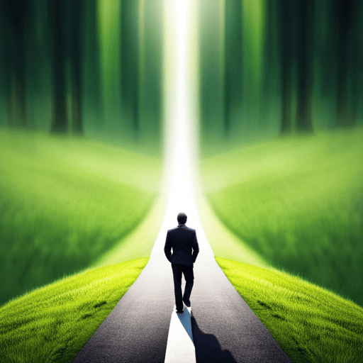 An image that depicts a person standing at a crossroad with multiple paths, while a beam of light shines directly onto one path, symbolizing the clear guidance and direction that numerology provides
