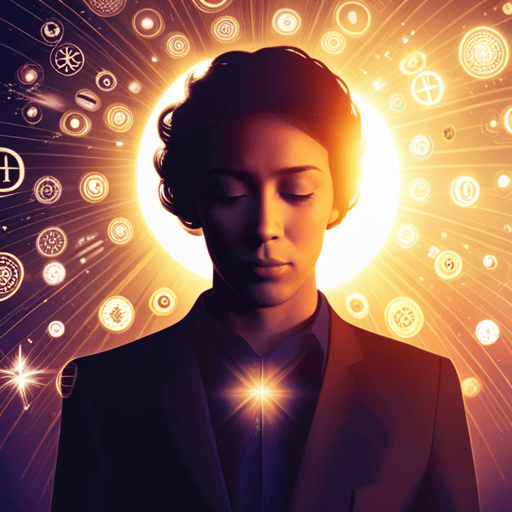 An image featuring a person surrounded by intricate numerological symbols, their eyes closed in introspection, as rays of enlightenment emanate from their mind, representing the profound self-awareness and self-discovery that numerology offers