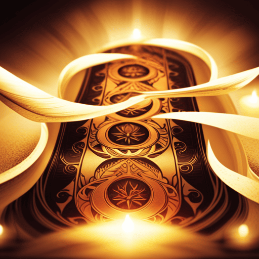 An image showcasing an ornate, ancient parchment scroll unraveling, revealing intricate Chaldean numerology symbols meticulously hand-drawn in gold ink, surrounded by flickering candlelight casting mysterious shadows