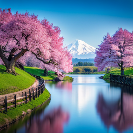 An image depicting a serene landscape with three blooming cherry blossom trees, each tree adorned with eight birds perched on its branches, symbolizing the divine message of the angel number 888 in the Bible