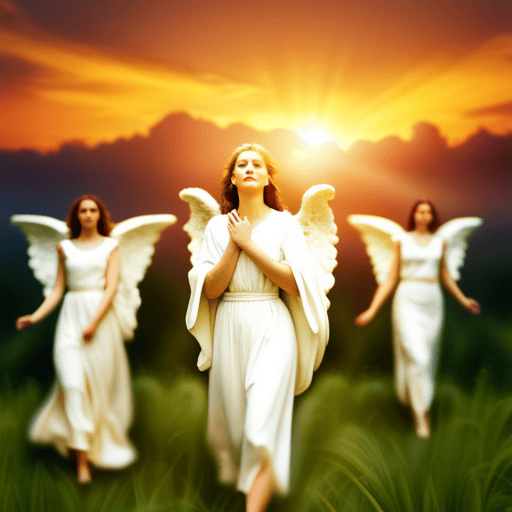 An image showcasing a radiant golden sky at sunset, with three majestic angels gracefully descending from the heavens, each bearing a glowing halo of shimmering number 8s, illuminating the world below