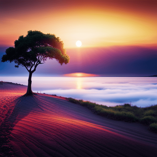 An image showcasing a vibrant sunset over a serene landscape, with a solitary tree bearing ten luscious fruits, symbolizing the biblical significance of number 10 in numerology