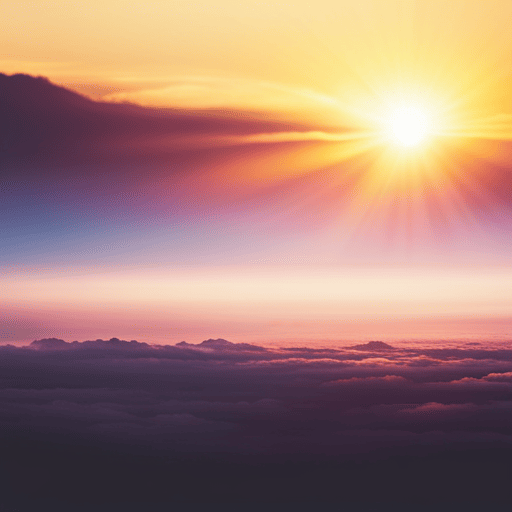 An image showcasing a radiant sunrise with ten golden rays shining through the clouds, casting intricate shadows on a serene landscape