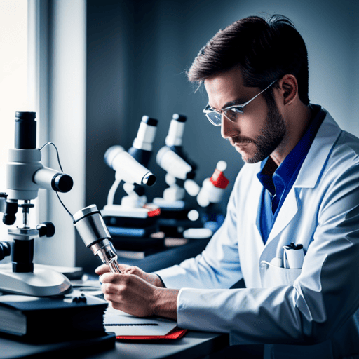An image showcasing a professional in a lab coat, engrossed in a microscope, surrounded by stacks of research papers, charts, and equations