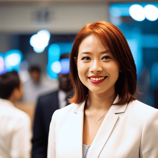 An image showcasing a confident Life Path 5 excelling in a vibrant sales environment, engaging with diverse customers, using persuasive body language, active listening skills, and a captivating smile