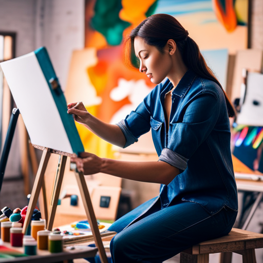 An image showcasing a vibrant art studio, with an artist passionately painting a masterpiece on a large canvas surrounded by colorful paints, brushes, and inspiring artwork, symbolizing the perfect creative career for a Life Path 5