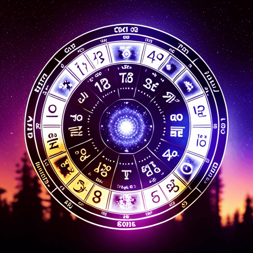 An image showcasing a vibrant night sky over a mystical forest, with a large astrological birth chart suspended in the air