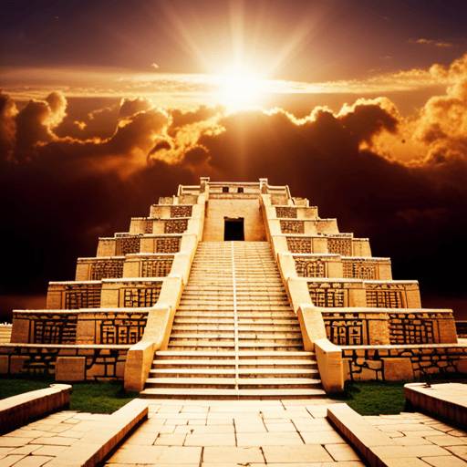 An image depicting an ancient Babylonian ziggurat, adorned with intricate astrological symbols and surrounded by a swirling celestial sky