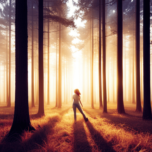 An image of a serene, ethereal forest bathed in soft, golden sunlight