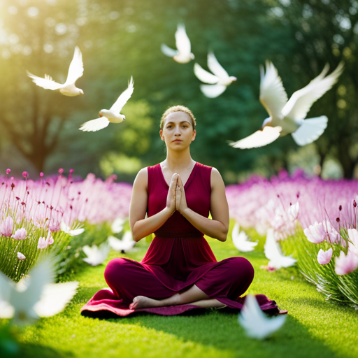 An image of a serene, sunlit garden with a woman meditating under a tree, surrounded by vibrant flowers