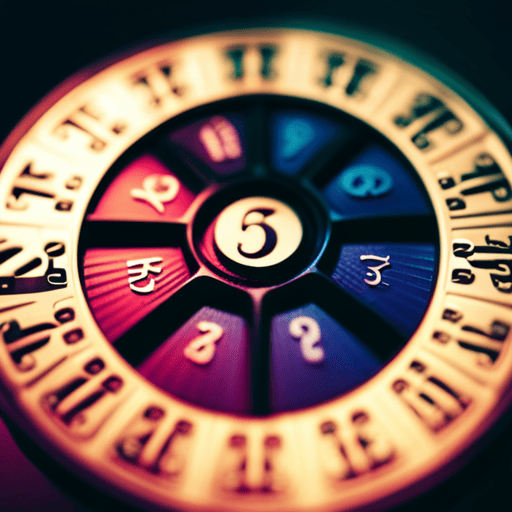 An image showcasing a vibrant, cosmic background with a mystical, numerological wheel at the center