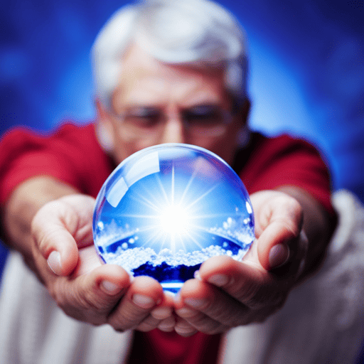 An image showcasing a person joyfully holding a vibrant, energetically charged crystal in one hand, while their other hand gracefully reveals a new, numerology-aligned surname written in elegant calligraphy