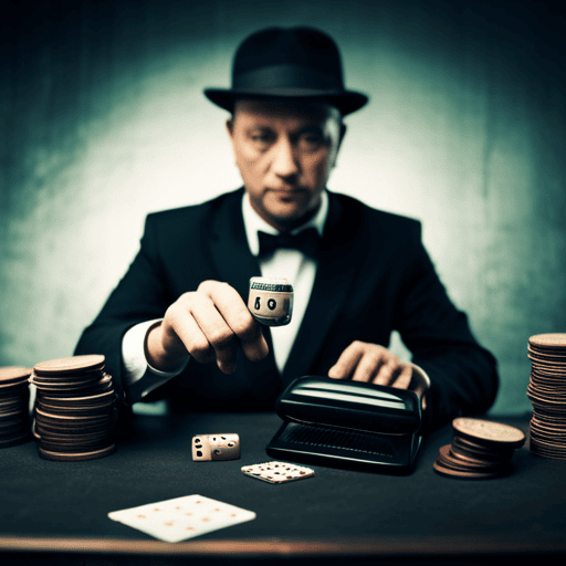 An image depicting a person holding a calculator while surrounded by various objects representing numbers, such as dice, playing cards, and a ruler