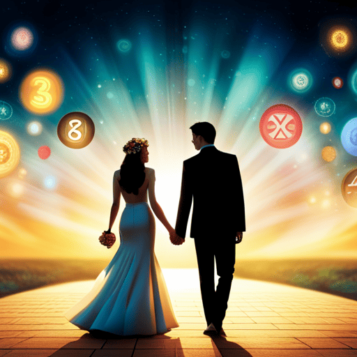 An image featuring a bride and groom surrounded by vibrant, symbolic numerology elements like a beautifully decorated aisle with specific numbers, a color palette reflecting their life path numbers, and subtle numerological symbols throughout the setting