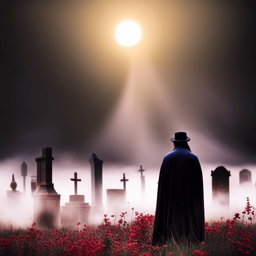 An image depicting a hauntingly serene scene of a mist-covered graveyard, where a lone figure stands before a weathered tombstone marked "Karmic Debt Number 13