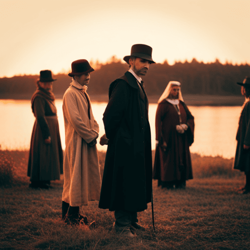 An image that depicts a hauntingly beautiful landscape with 13 individuals, each wearing different era-appropriate clothing, chained together by ethereal bonds, symbolizing the interconnectedness of past lives and the profound impact of karmic debt