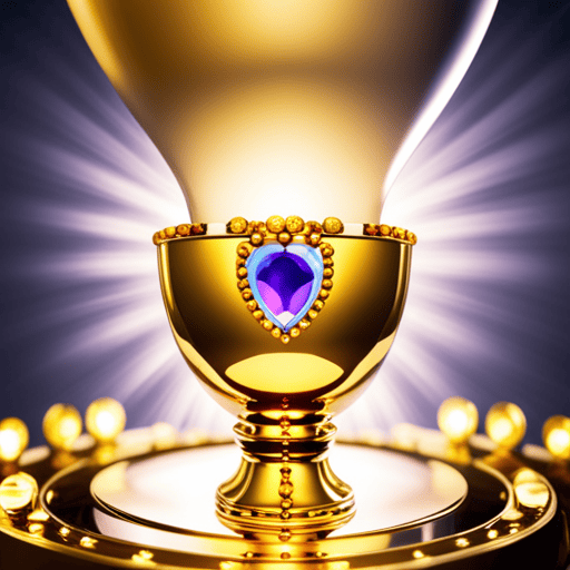 An image of an intricately designed golden chalice adorned with 45 enchanting gemstones, each emitting a vibrant glow, representing the profound significance of Number 45 in Chaldean Numerology