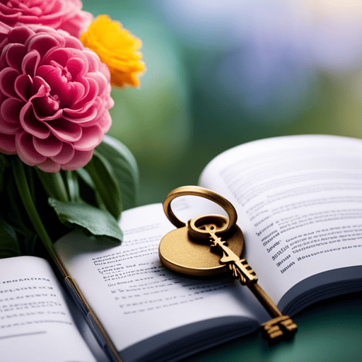 An image featuring a golden key with intricate engravings, surrounded by vibrant blooming flowers