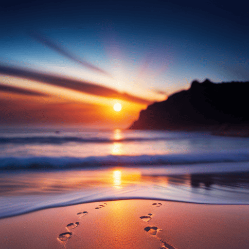 An image showcasing a serene beach at sunset, with two sets of footprints leading towards the water