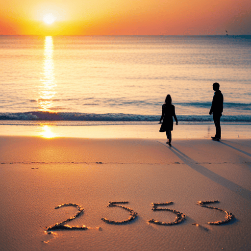 An image depicting a serene beach at sunset, with two figures standing side by side, surrounded by a subtle aura of numbers
