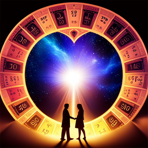 An image showcasing a colorful, celestial-themed background with intertwined hearts, each labeled with numerals representing the Numerology Love Meter Calculator