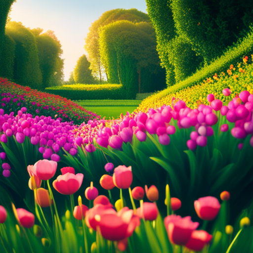 An image of a serene garden with 33 vibrant flowers in full bloom, symbolizing the Numerology Mastery Number 33