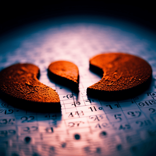 An image showcasing two halves of a broken heart, with each half representing a different name before and after divorce, surrounded by swirling numbers symbolizing the transformative effects of divorce on numerology and name changes