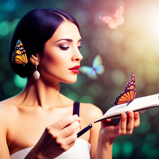 An image featuring a serene woman surrounded by vibrant butterflies, symbolizing transformation and freedom