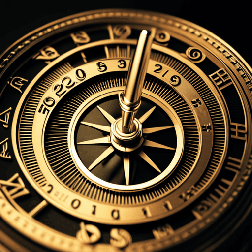 An image featuring a golden compass with numbers engraved on its dial, surrounded by stacks of shining coins