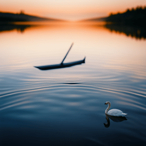 An image portraying a serene lake with a solitary swan gracefully gliding on its reflective surface