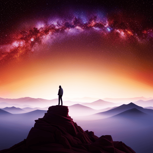 An image showcasing a serene, solitary figure standing atop a mountain peak, gazing at a mesmerizing starry sky
