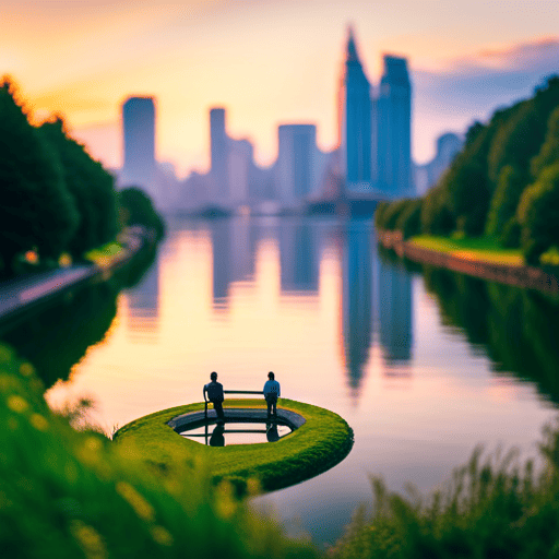 An image showcasing a peaceful garden with two intertwining paths, one leading to a serene lake symbolizing diplomacy, and the other to a vibrant cityscape representing collaboration