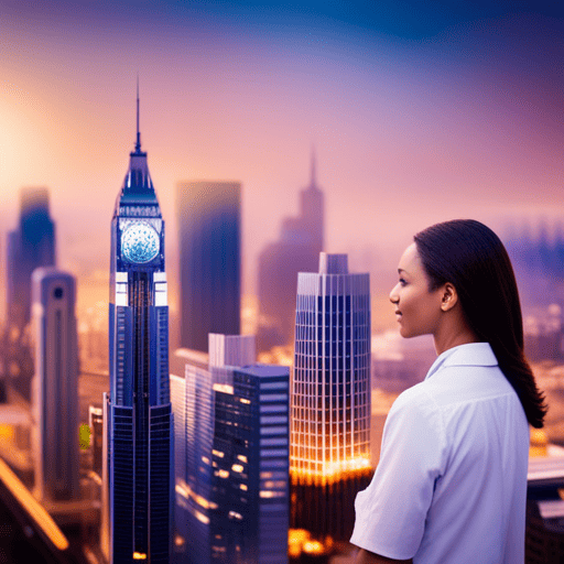 An image showcasing a vibrant, bustling cityscape with diverse individuals engaged in various professions