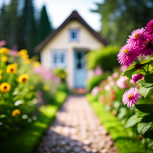 An image showcasing a serene garden with blooming flowers and a path leading towards a charming cottage, symbolizing the ideal career path for Numerology Number 6, emphasizing nurturing and supportive roles