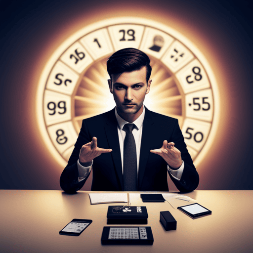 An image showcasing a person confidently dressed in professional attire, surrounded by symbols of numerology, such as a calculator, a business card with numeric patterns, and a strategically positioned mirror reflecting their successful image