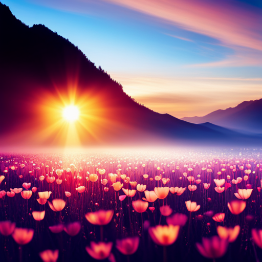 An image depicting a radiant sunrise over a serene landscape, adorned with vibrant colors and mystical symbols, symbolizing the powerful energy of master numbers and their ability to amplify spiritual growth and manifestation