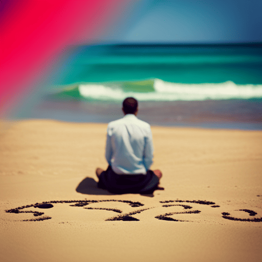 An image of a serene beach scene, with a person sitting cross-legged on the sand, surrounded by vibrant, floating numbers