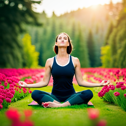 An image of a serene, green landscape with a person practicing yoga in a sunlit clearing, surrounded by vibrant flowers