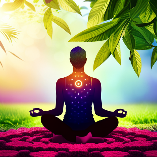 An image showcasing a serene, ethereal setting with a person meditating, surrounded by vibrant, interconnected numerical patterns