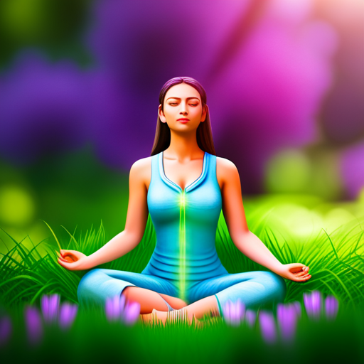 An image featuring a serene figure meditating in a lush, vibrant garden, surrounded by blooming flowers and trees