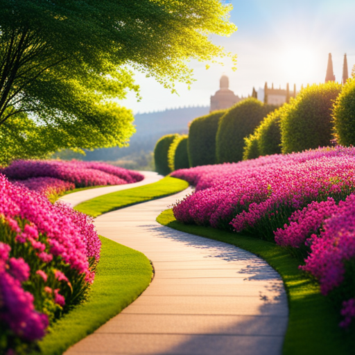 An image of a vibrant, winding path surrounded by blooming flowers and illuminated by a radiant sun