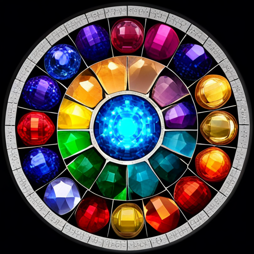 An image showcasing a vibrant mosaic of colorful birthstones arranged in a circular pattern, each stone representing a birth year
