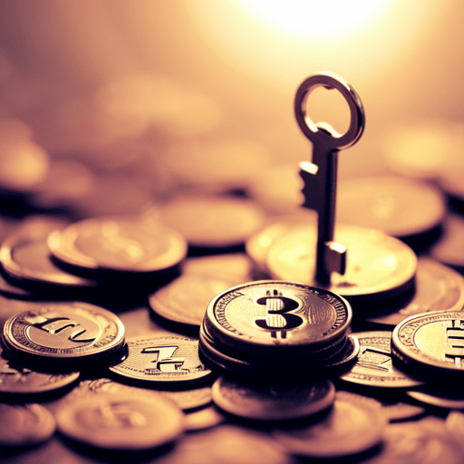 An image featuring a mystical, golden key floating above a stack of shimmering coins, surrounded by swirling patterns representing the power of numerology