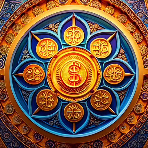 An image showcasing a vibrant, intricate mandala design with golden hues, formed by interconnected numbers and currency symbols, symbolizing the profound connection between numerology and wealth creation