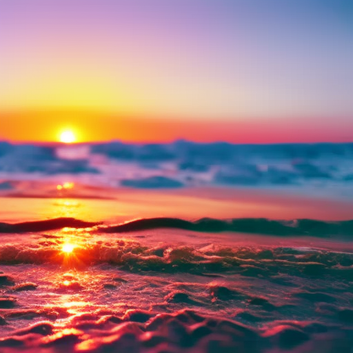 An image showcasing a serene beach at sunset, with a golden sunrise emerging from the horizon